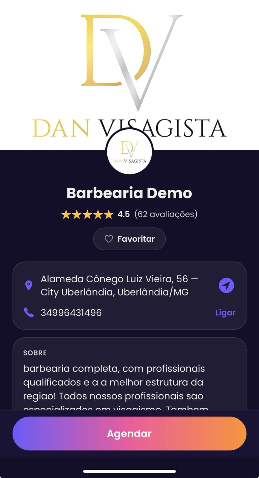 App do cliente Marcaê mostrando o perfil de uma barbearia real com avaliação 4,5, endereço e botão Agendar